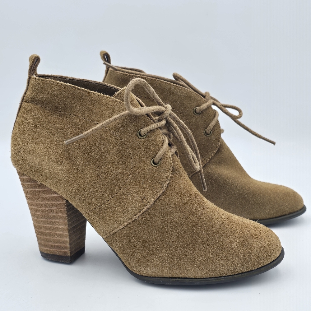 Lucky Brand Unitas Lace-Up Heeled Booties, Light Brown/Khaki Suede, 6M, Like-New